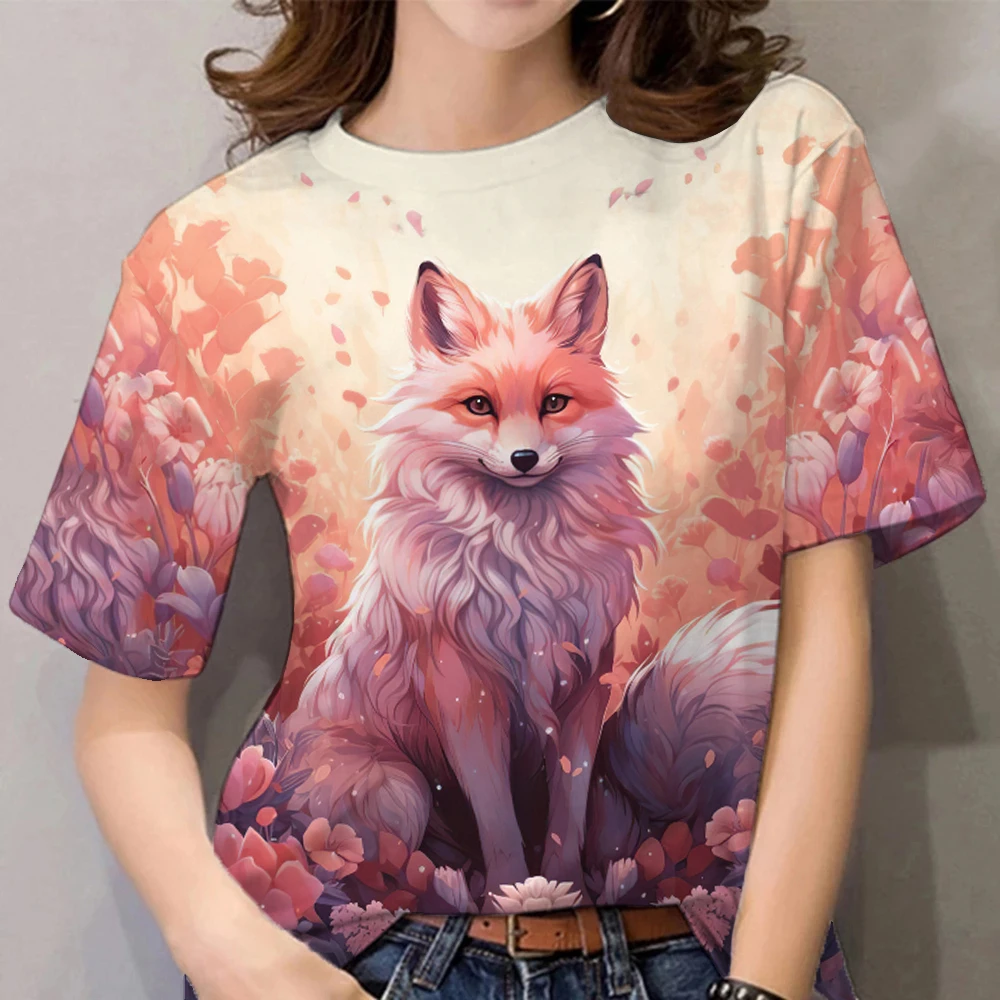 3D Cartoon Animal Print Fashion Cute Fox Pattern Women\'s T-shirts Casual Summer Short Sleeves Tees Tops Female Clothing Pullover