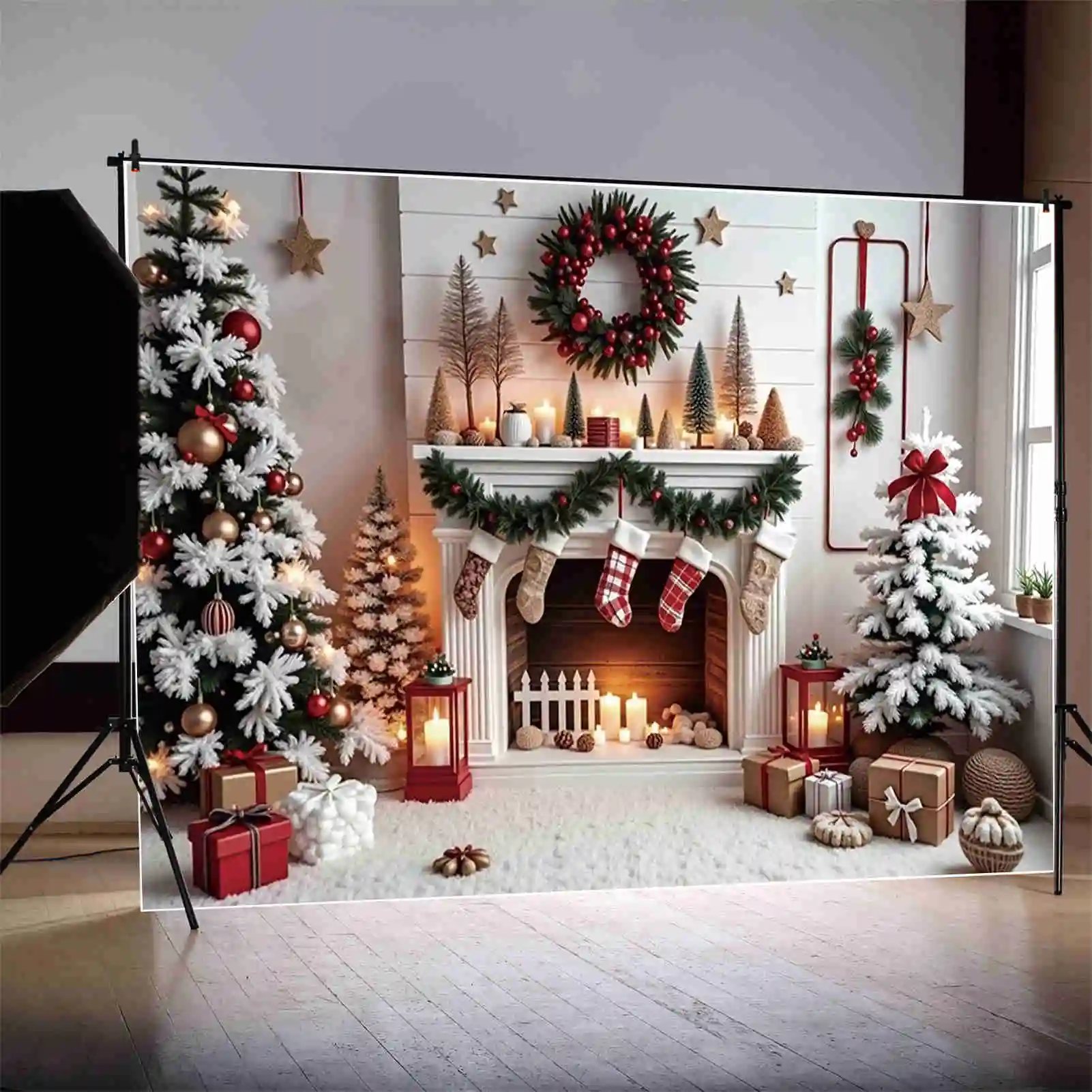 MOON.QG 2024 Christmas Photography Backdrop 2025 New Year Decoration Background Home Party Window Ornament Photo Studio Supplies