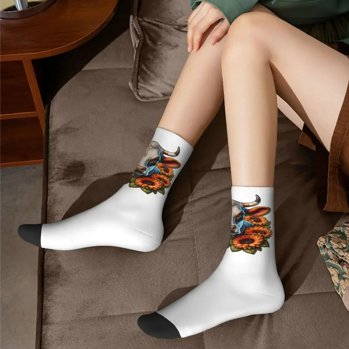 Calcetines de vaca con girasoles Harajuku para hombre y mujer, medias largas de alta calidad, accesorios para todas las estaciones, regalo de cumpleaños