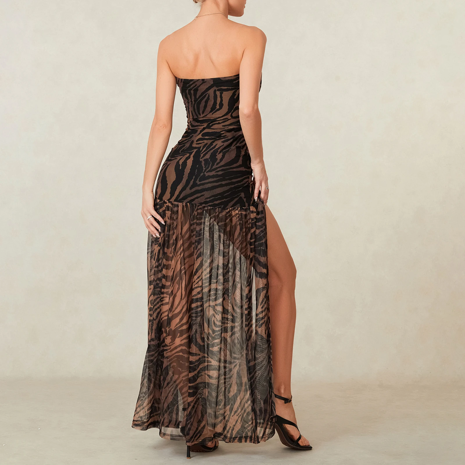 Women Summer Evening Party Tube Dress Leopard Print Strapless Backless High Slit Long Dress Y2k Mesh Patchwork Cocktail Dresses