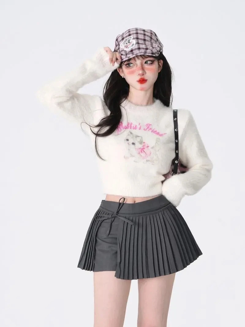 Women's Long-Sleeved O-Neck Pullovers, Sweet Cartoon Top, White Knitwear, Korean Fashion, Y2k, Cute Female Top, Autumn, Winter