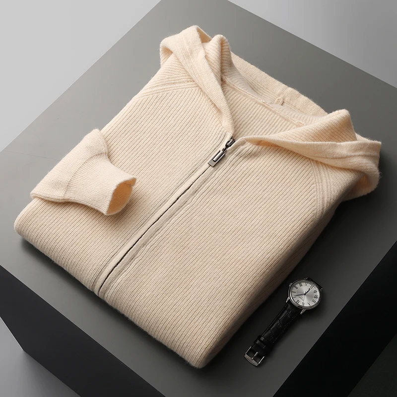 

2025Winter 100%Merino Wool Zipper Hooded Cardigan Men's Hooded Collar Loose Thicken Coat Youth Zipper Long Sleeve Jacket Sweater