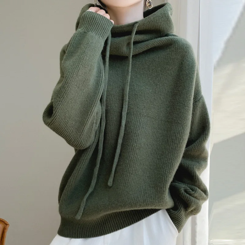 [EWQ] Soft And Comfortable Long Sleeve Hooded Knitted Sweater All-match Loose Casual Women Jumper 2024 Autumn New Tide 16O3051