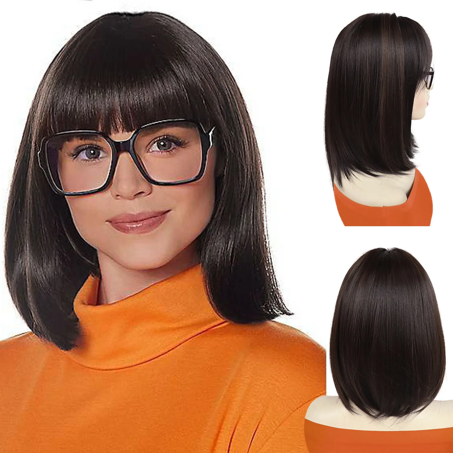 

Synthetic Brown Bob Wig Velma Wigs Glasses Velma for Adult Women Velma Cosplay Flapper Wig With Bangs Compatible with Dora Wigs