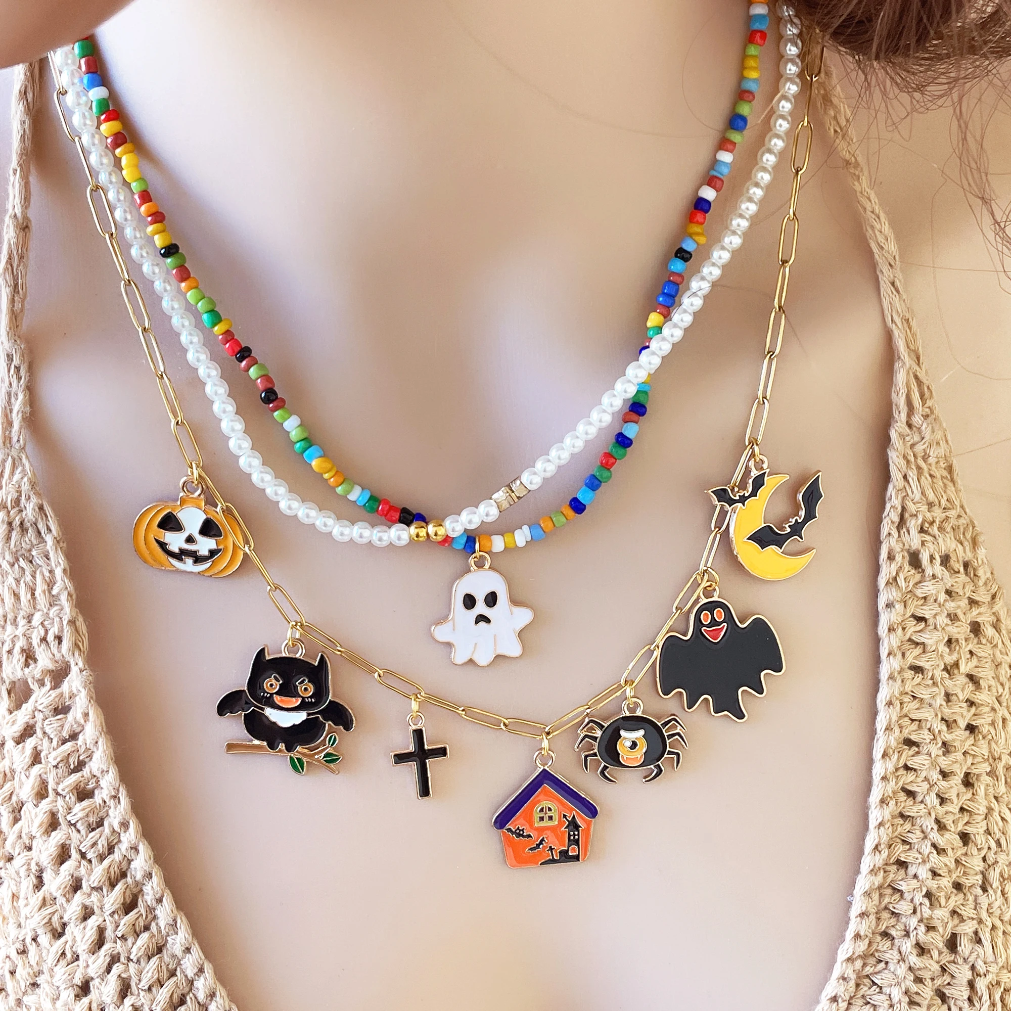 Halloween Chucky Moon Bat Spider Ghost House Punk Necklace Sset Horror Movie Pendant Men Jewelry Gift