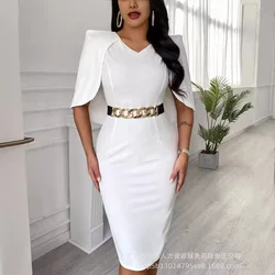 Stylish White Cape Short-sleeved Tight Professional Dress for Women Without Belt