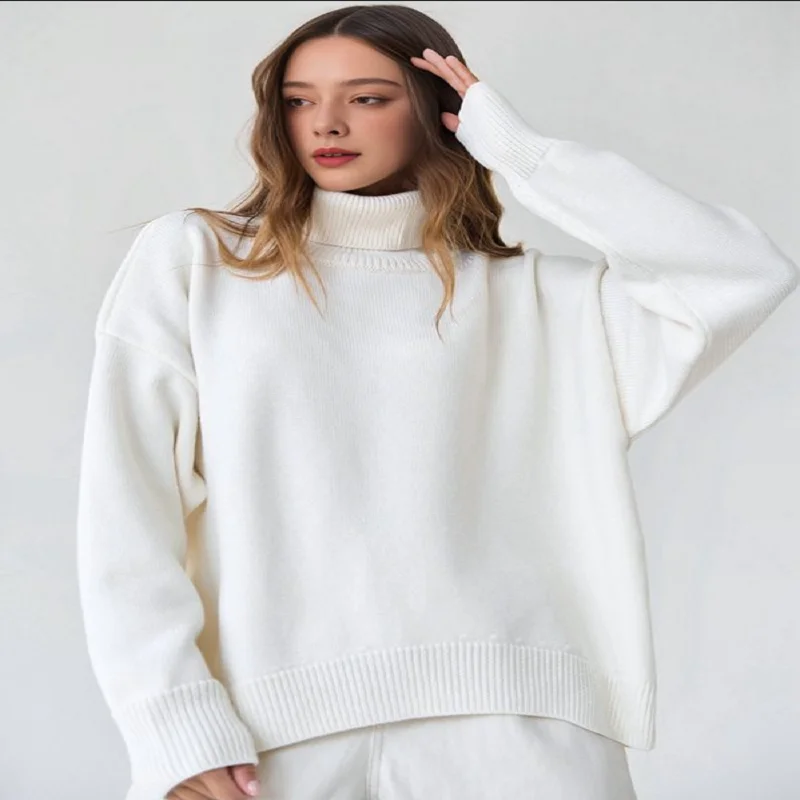Women's Solid Color High-Neck Sweater Autumn Winter Knit Pullover Tops Oversized Knitwear Soft And Comfortable Female Clothes