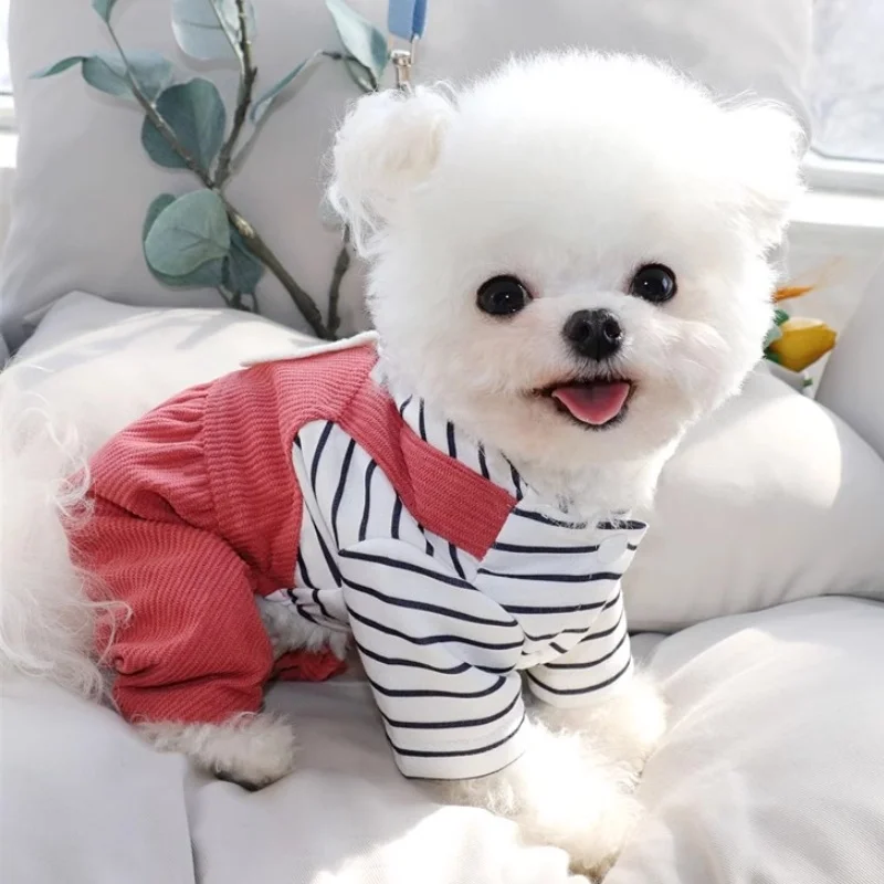 Cute Warm Pet Dog Clothes Fashion Striped Dog Jumpsuit Casual Pet Puppy Rompers Bear Print Cat Overalls Pet Four-Legged Clothes