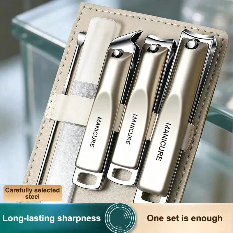 5Pcs Professional Nail Clippers Set With Rotating Leather Bag Manicure Pedicure Trimmer Kit Nail Care Tools