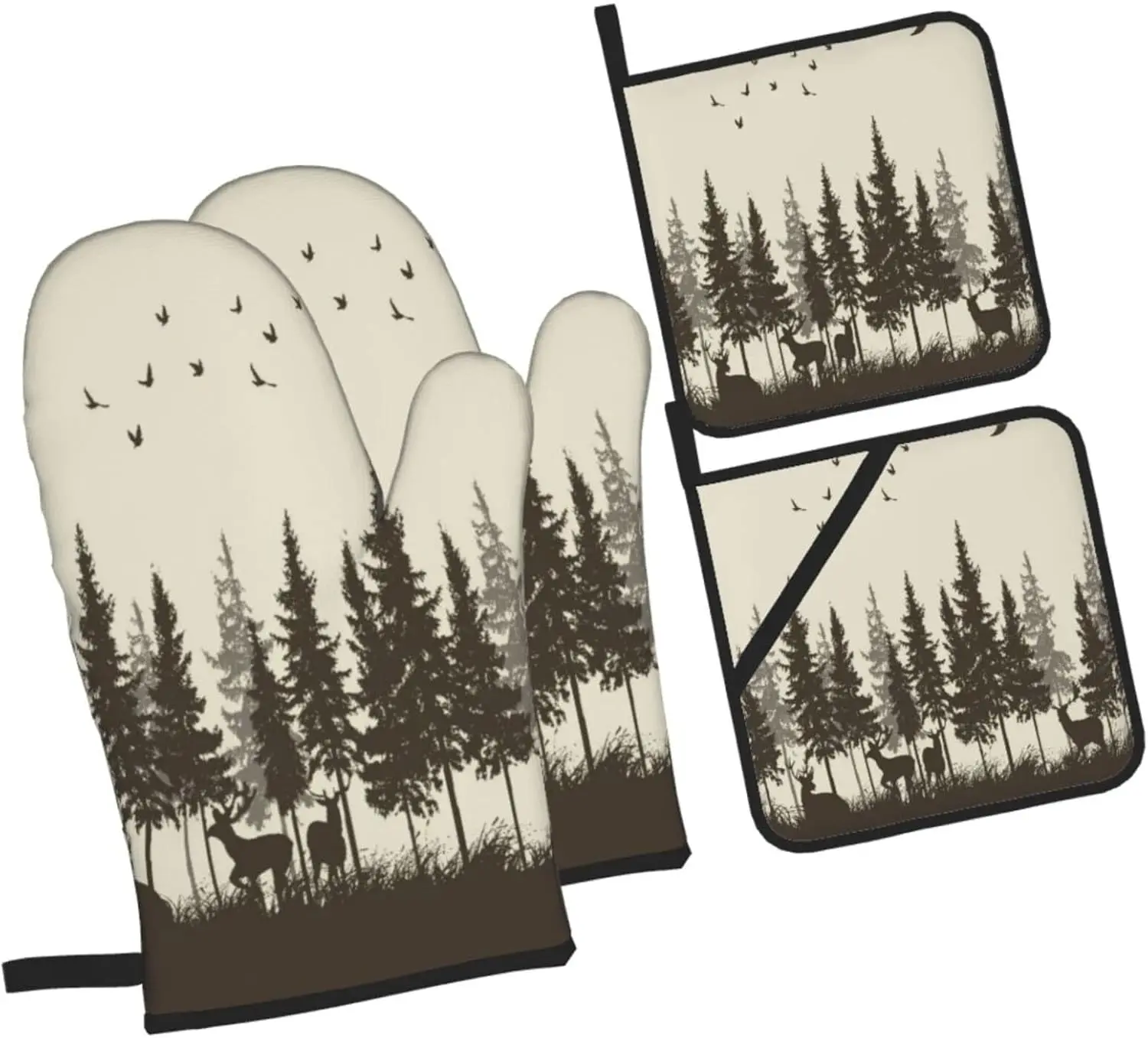 Oven Mitts and Pot Holders Sets of 4,Deer in The Forest Cabin Fog Bird Mountain Hunting Theme Yellow and Coffee Country Moose