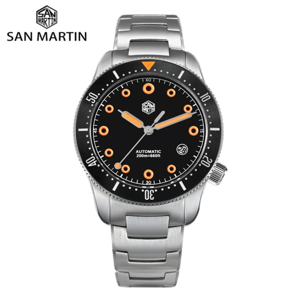 

San Martin 39.5mm YN55 Diving Watches Men Automatic 20Bar Waterproof 4H Date Window Sapphire BGW-X1 / Orange Lume Relogio SN0142