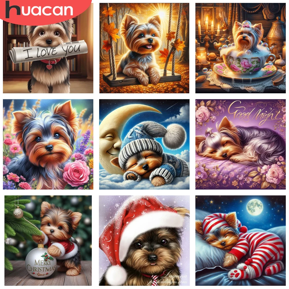 HUACAN Diamant-Mosaik, komplettes Set, Hund, Tier, komplett, rund, Diamant-Gemälde, Weihnachten, Wohnzimmer, Kunsthandwerk