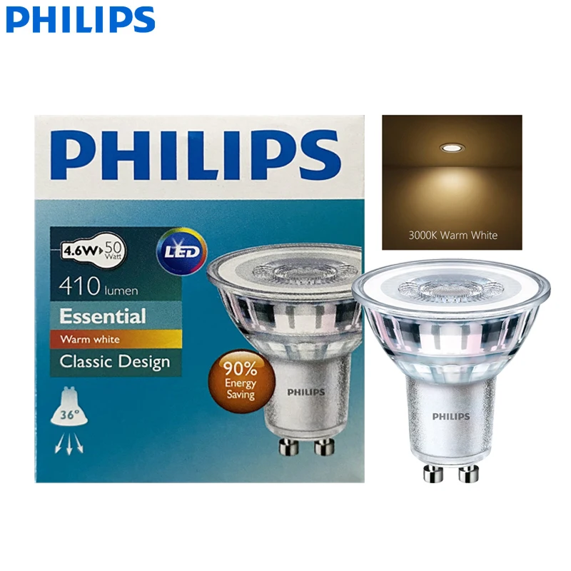 Philips LED GU10 PAR16 Essential Lamp Ceiling Recessed Spot Light 36° Classic White 3000K Warm White 4.6W =50W Halogen 220-240V