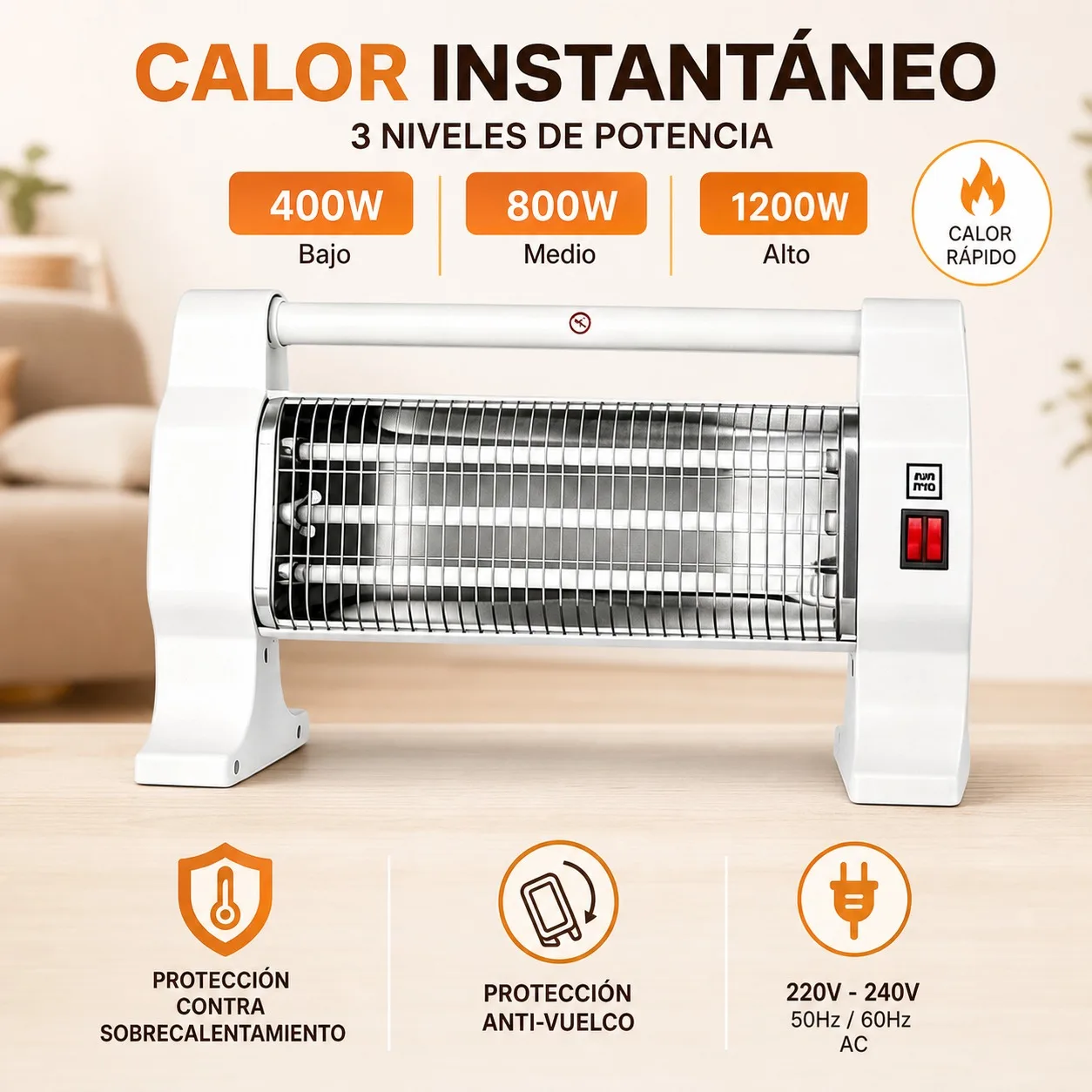 Radiateur à quartz horizontal 45,5x25x13cm, 3 réglages de puissance 400W 800W 1200W, poignée de transport, protection contre la surchauffe, protection contre le basculement, grille de sécurité, chaleur instantanée, silencieux, maison, bureau