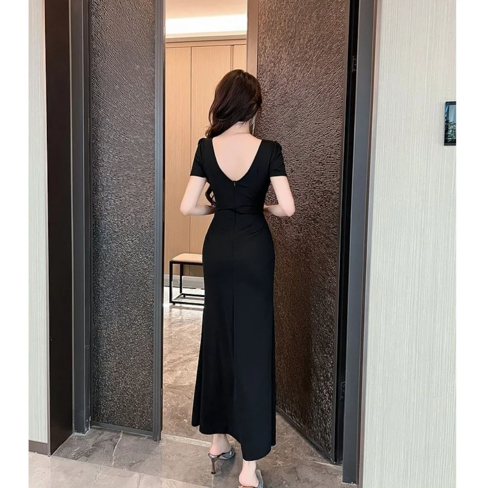 Sexy Evening Dress for Women Graceful Long Ruffle V-Neck Short Sleeve Dinner Party Black Slim Gown Lady Summer Split Dresses