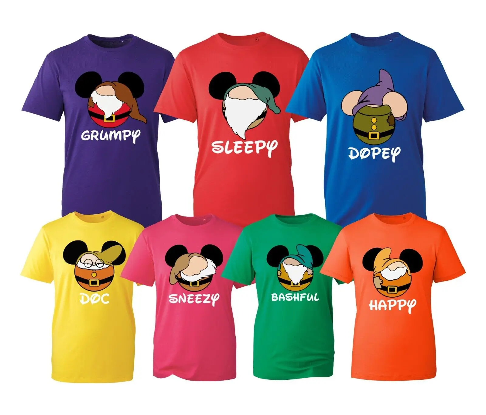 Seven 7 Dwarfs T-Shirt, Happy Costume Funny Bashful Dopey Unisex Kids Adults Top