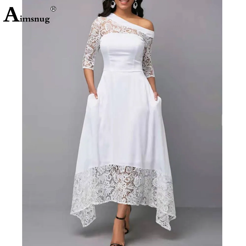 Women Elegant Long Maxi Dress Diagonal collar Spliced Lace Party Wedding Dresses 2024 European Style Vintage embroidery Dress