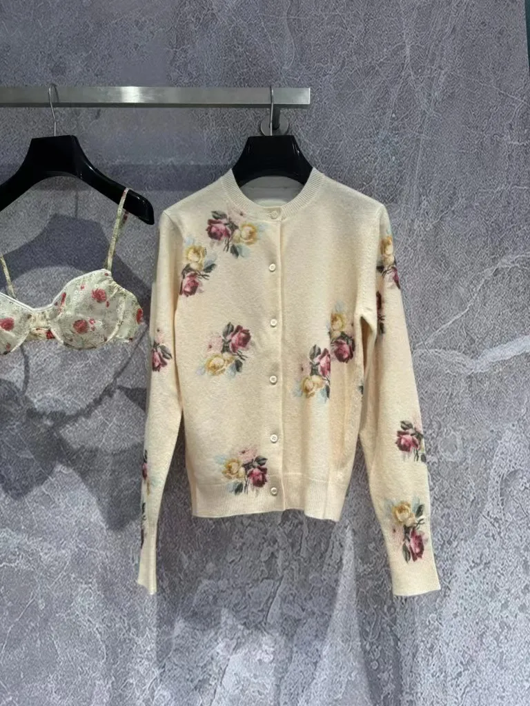 2024 New high-end custom bouquet wool cardigan with floral print