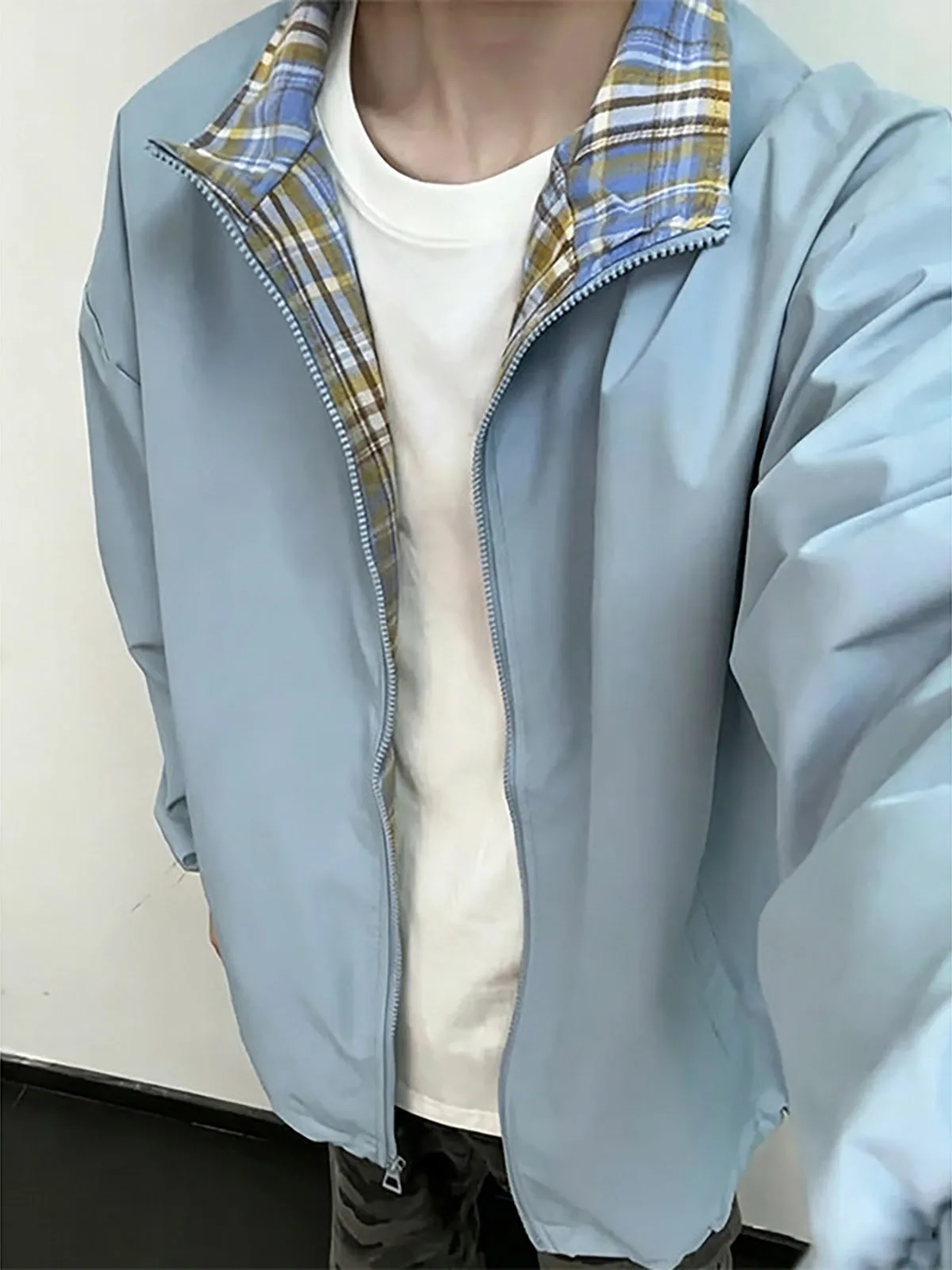 American Style Blue Plaid Jacket Men's Autumn High Sensation Sport Flight Jacket Short Couple Baseball Uniform Casual Loose Fit