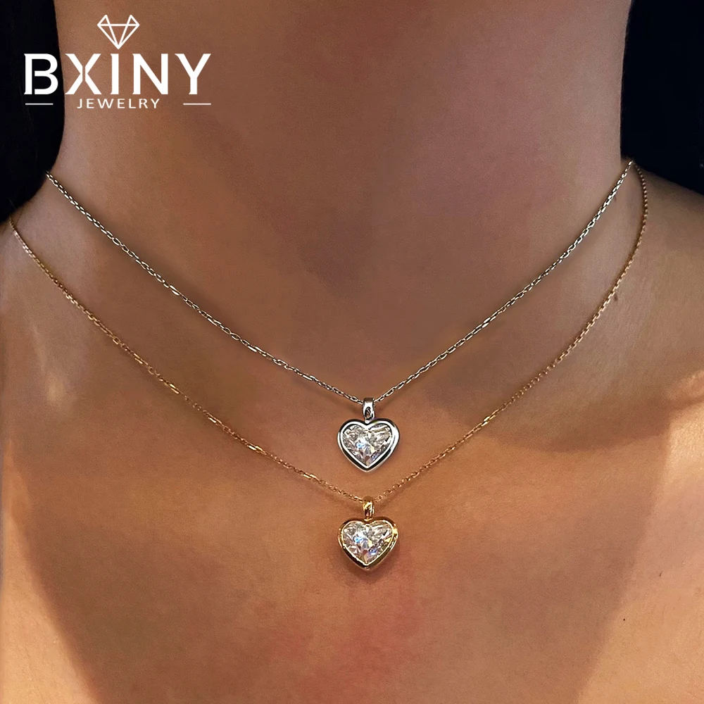 

BXINY 100% S925 Silver Bezel Set Heart Shape High Carbon Diamond Pendant Necklace Zircon Neck Chain for Women Fine Jewelry Gifts