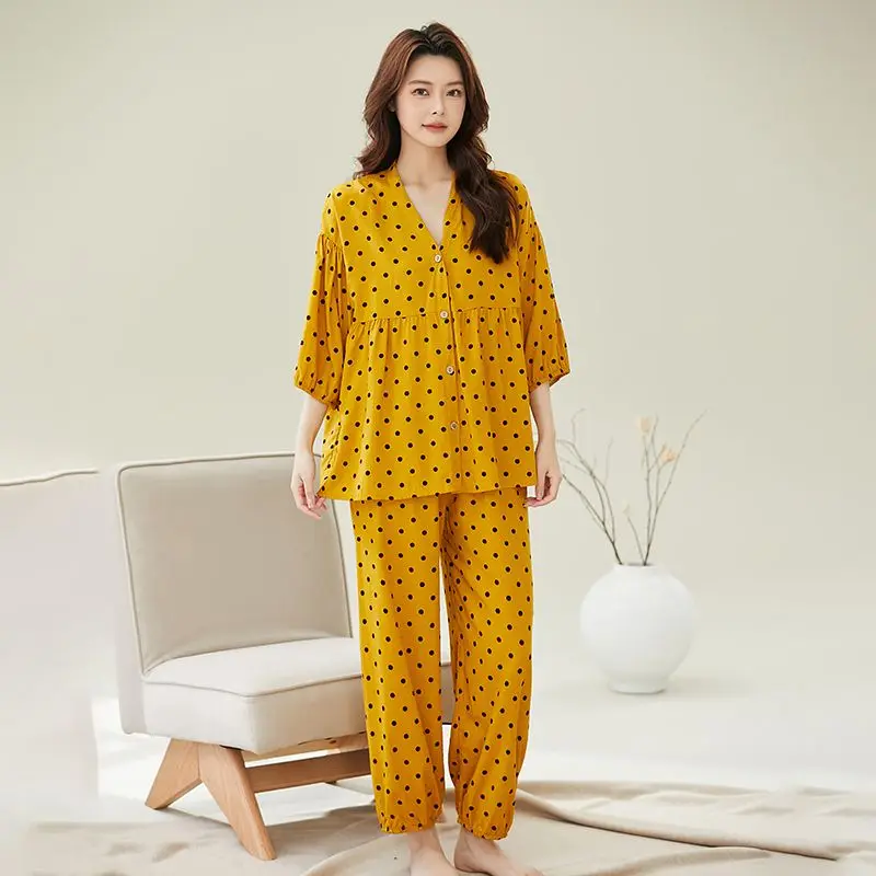 V-neck Printed Cotton Silk Pajamas Women's Spring and Autumn Loose Large Size Loungewear Going Out Suit Moisture Wicking Summer