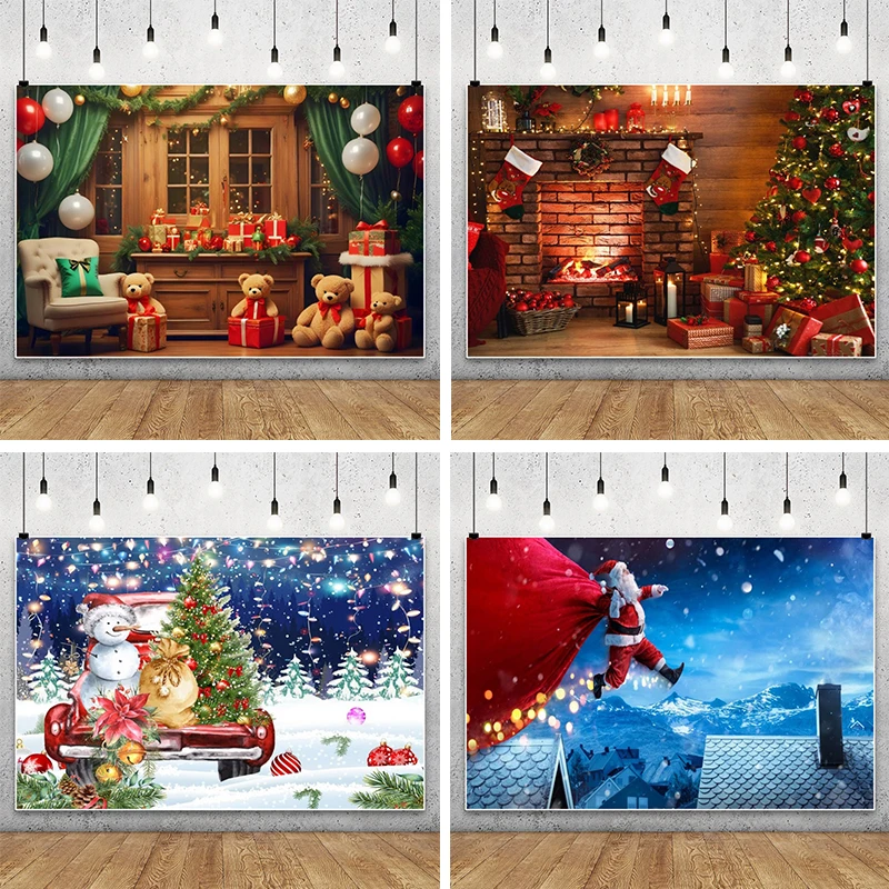 

Professional Christmas Photography Backdrop Winter Wooden Door Forest Xmas Tree Background for Family Portrait Studio Props