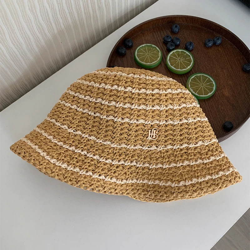 New Summer Striped Color Matching Woven Straw Hat Women\'s Fashion Outdoor Sunshade Sunscreen Foldable Sun Cap 여름모자