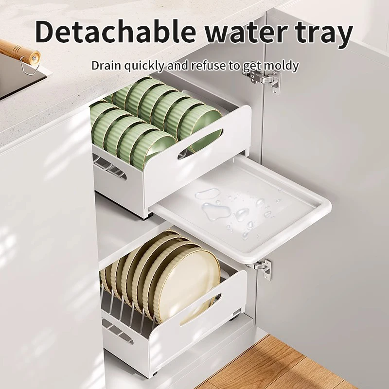 

Pull Out Cabinet Organizer with Drainboard Tray Retractable Dish Dryer White Under Sink Drainer Slide Drawer Storage Shelves