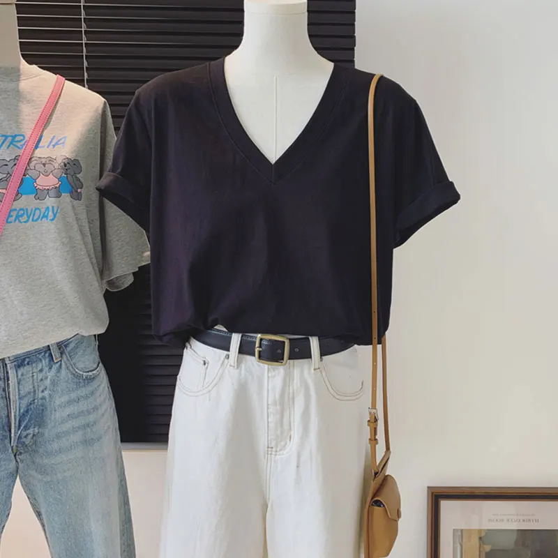 Women's Short Sleeve T-shirt  Fashion V-neck Loose Versatile Tops 2025 Summer New Ladies Harajuku Cotton Print Tees