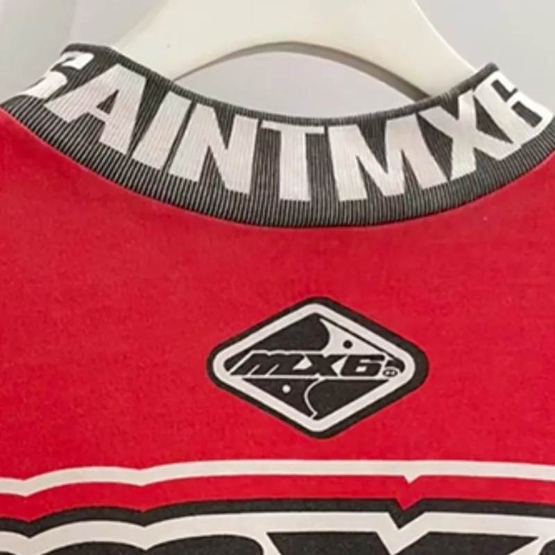 Racing Cracked Washed Worn Out Saint Long Sleeve Tshirts Red Stand Up Collar Tops Cut Edge Streetwear Men Women Pullover Outfit