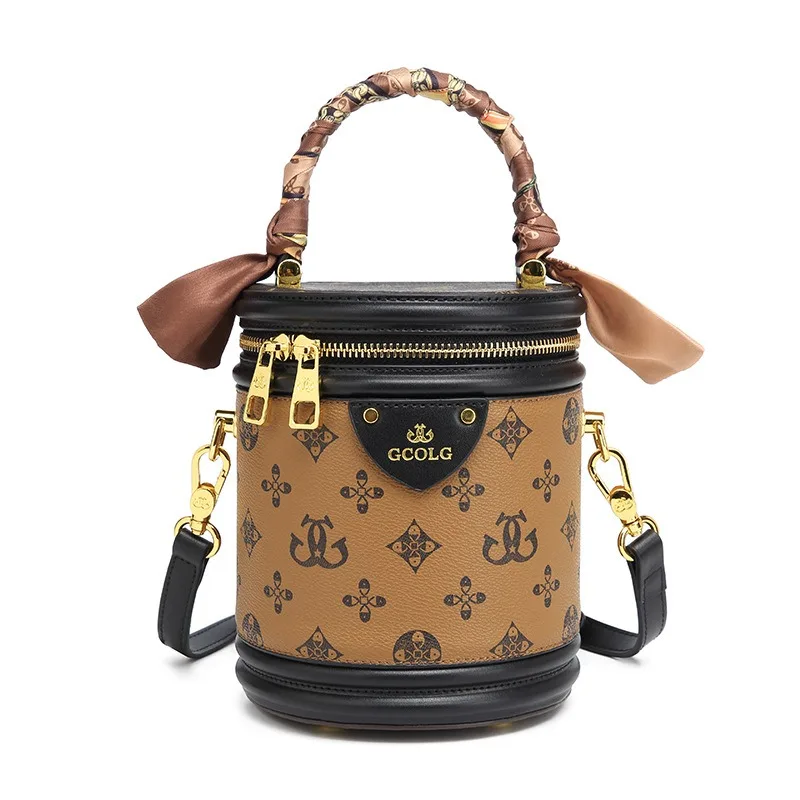 Color Blocking Genuine Leather Cylindrical Bag Cowhide Vintage Flower Durable Rich Bucket Handheld Shoulder Crossbody Women Bag