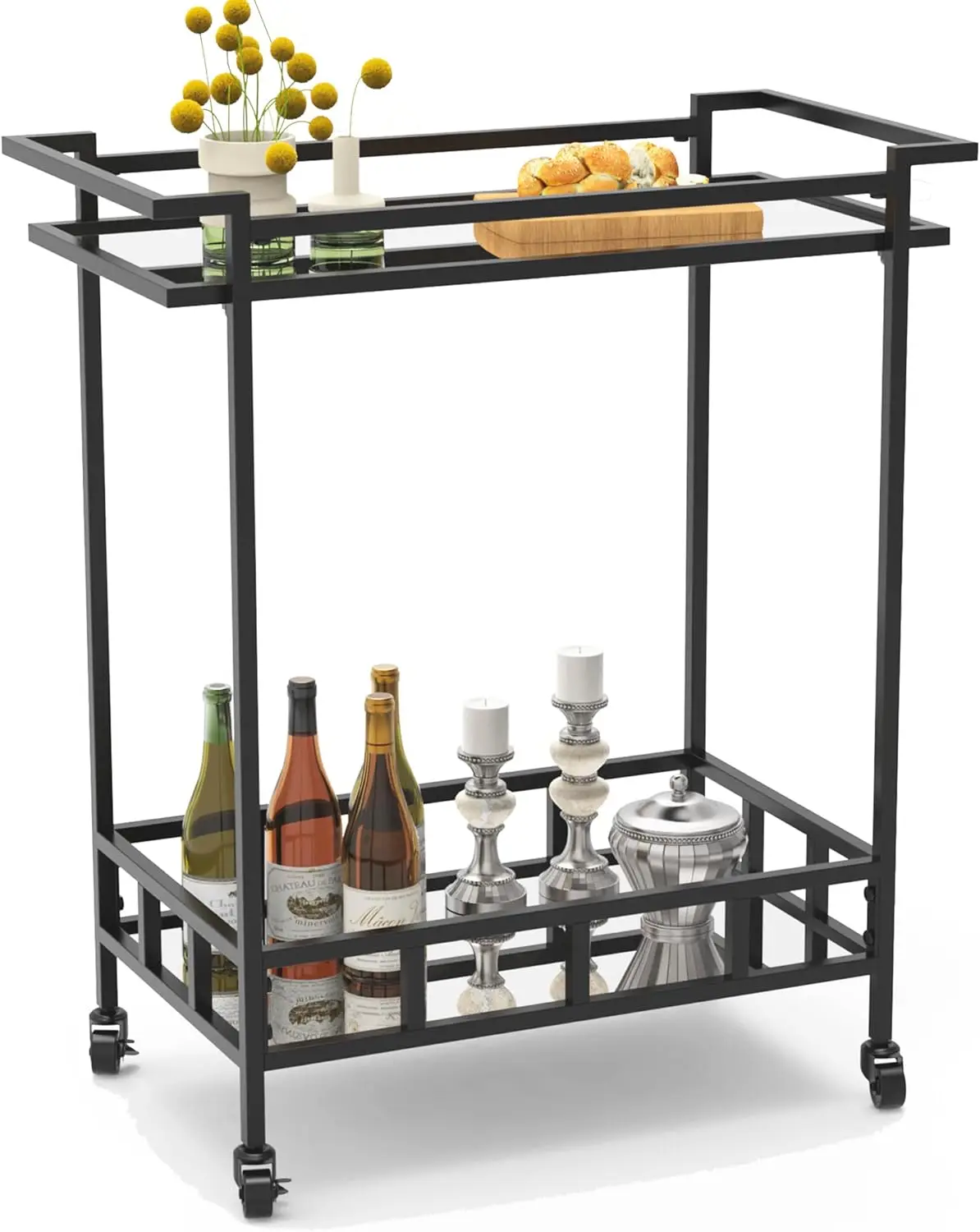 

Black Bar Cart, Home Bar Serving Carts with 2 Glass Shelves, Rolling Bar Cart Wine Cart with Wheels,