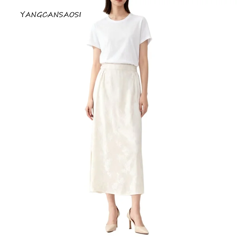 

2025 Women's Fashion Clothing Heavy Weight 100% Natural Mulberry Silk Jacquard Satin Versatile Solid Color Straight Tube Skirt