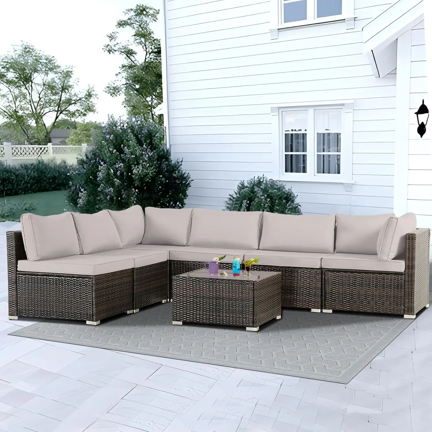 7 Pieces Patio Furniture Set, Wicker Sectional Sofa Set with Padded Cushion, All Weather Outdoor Conversation Set for Garden