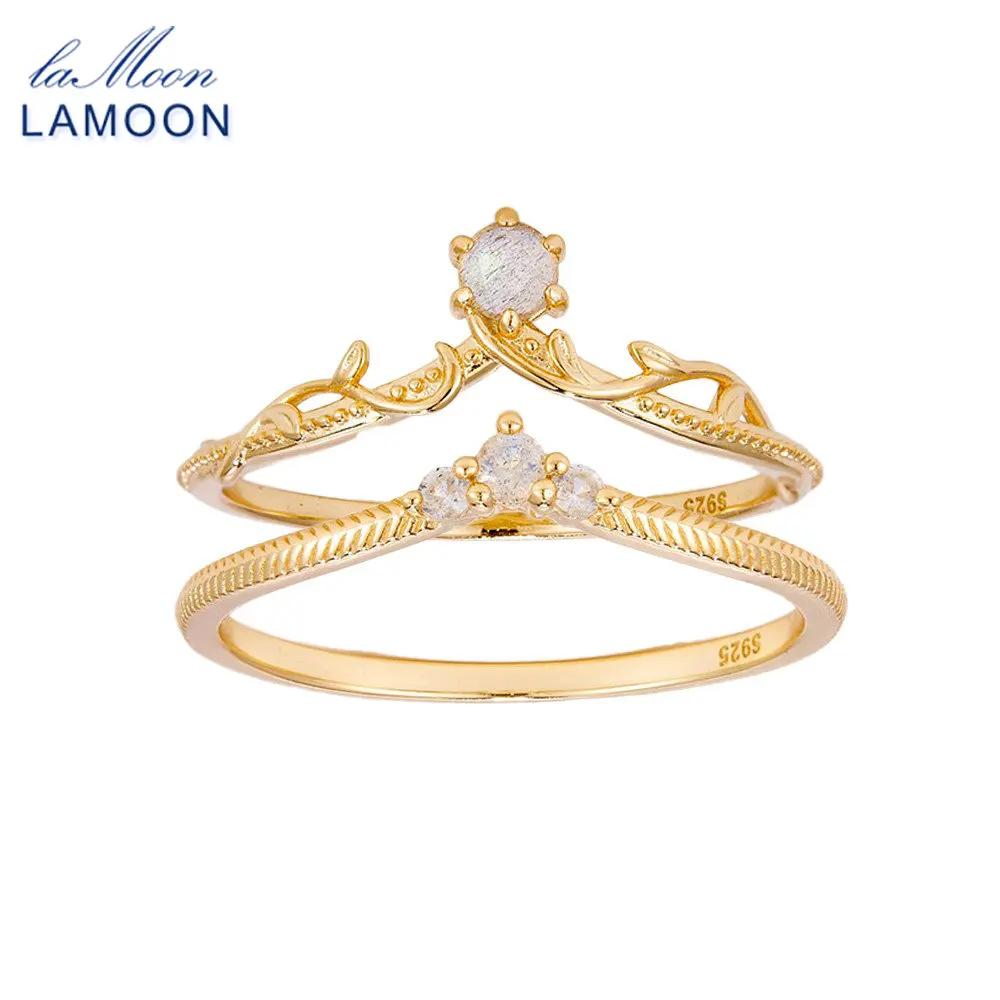 

LAMOON Natural Labradorite Gemstone Crown Ring For Women Simple Exquisite 925 Sterling Silver Gold Plated Fine Jewelry Gift