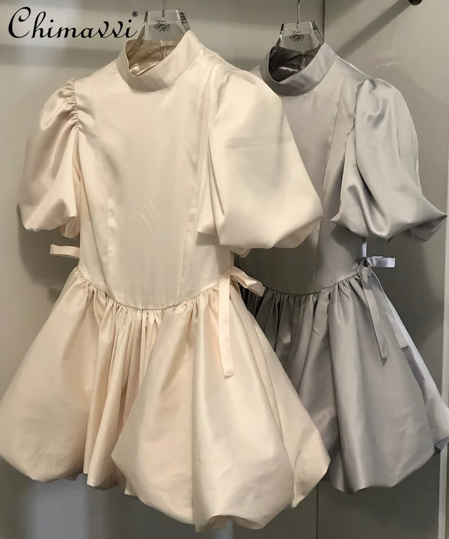 Japanese Sweet Sexy Backless Satin Short Princess Dress 2025 New Fashion Bubble Sleeve Slim Birthday Party Puffy Dress Women