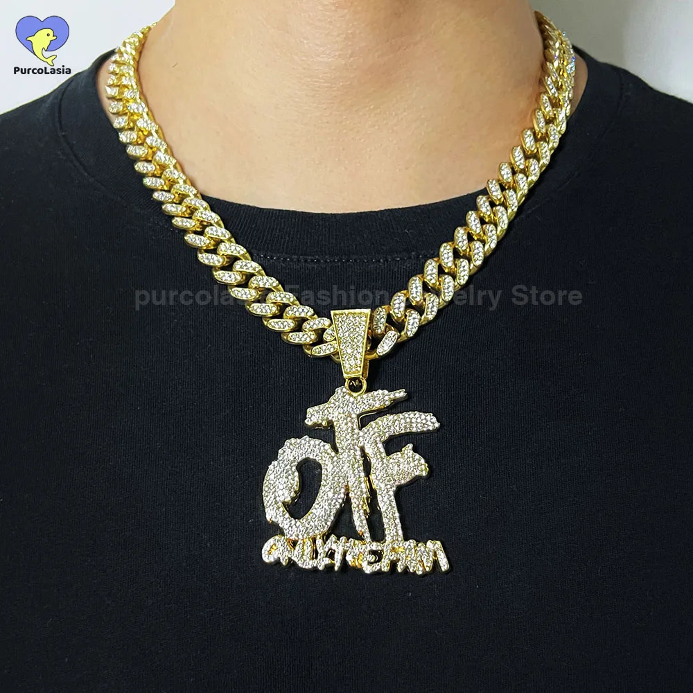 Cadena cubana con diamantes de imitación para hombres y mujeres, colgante OTF, collar de Hip Hop helado, accesorios de joyería