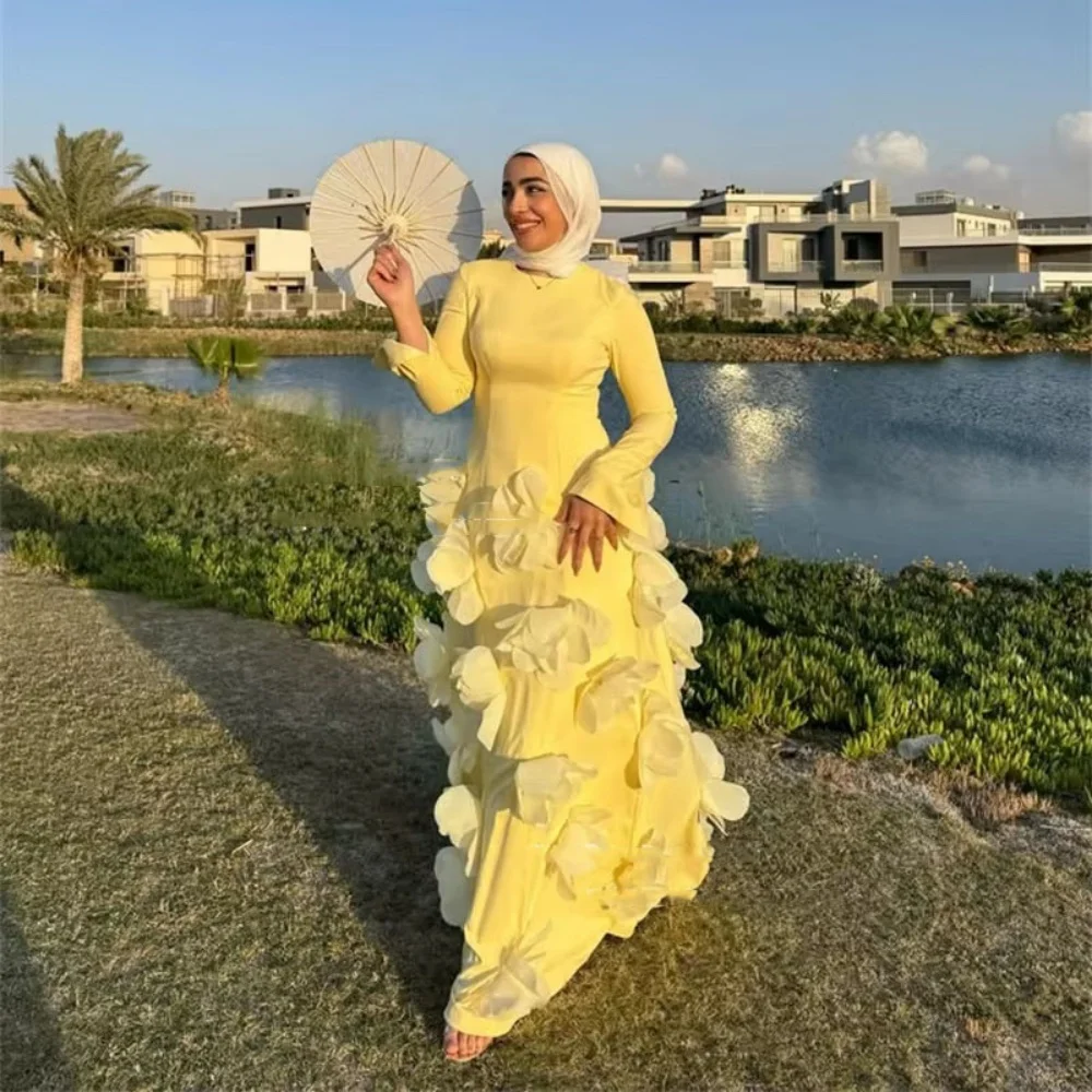 Moda romântico vestido de baile encantador sereia manga longa vestidos de noite flor applique o pescoço vestido no tapete vermelho luxo 2025