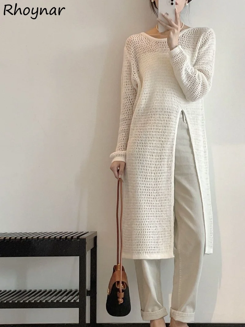 Long Pullovers Women Hollow Out Designed Autumn Sun-proof Knitwear Chic Irregular Side-slit Office Lady Simple Solid Sweaters