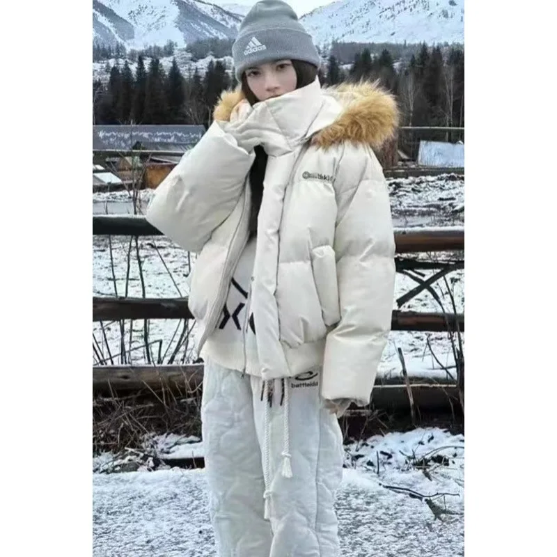 

Autumn Winter Girl's Parka Bread Cotton-Padded Jacket Thicken Women's Student Detachable Fur Collar Puffer Jacket Warm Coat Top