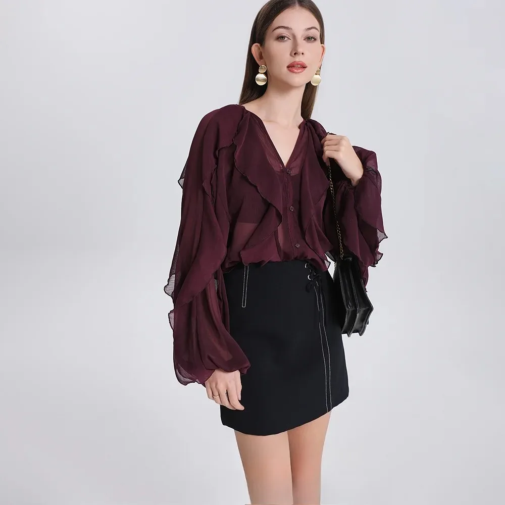 

KONDALA Burgundy Lace Ruffles Shirt Women V Neck Long Sleeve Elegant Buttons Women Blouses Fashion 2025 Autumn Elegant Women Top