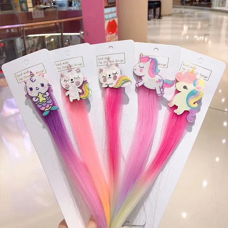 Children Cartoon Unicorn Colorful Wig Hair Clips Barrettes Headband for Girls Hairclip Fake Twist Braid Headdress Accessories