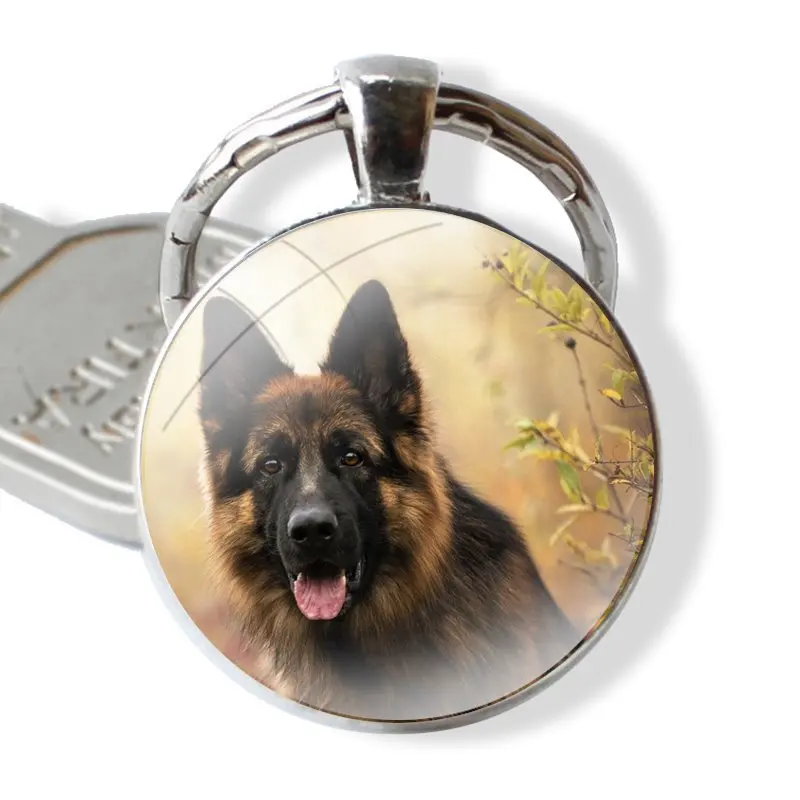 German Shepherd Dog Pattern Keychain Handmade Glass Cabochon Key Ring Holder Pendant Key Chains Fashion Design Cartoon Creative