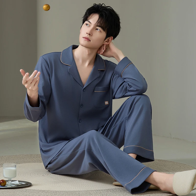 Plus Size L-5XL  Men Pajamas Set Knited Cotton Turn-down Collar Sleepwear Male Autumn Long Sleeve  Pyjamas