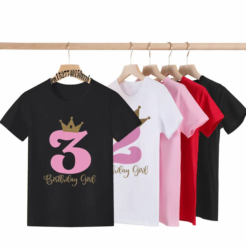 Birthday Girl King Golden Number 1-9th Black Children T-shirt Kid Party Gift Present Clothes Baby Family Group Tops Tee