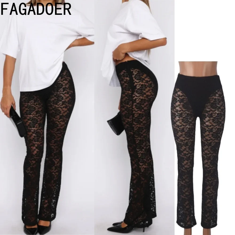 

FAGADOER Sexy Lace Pants Women Black Mesh Printing Hollow Out See Through Patchwork Trousers Hot Girl Streetwear Bottoms 2025