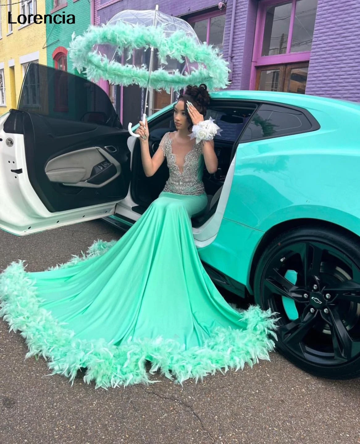 Customized Sparkly Glitter Mint Mermaid Prom Dress 2024 Luxury Silver Rhinestone Beads Black Girls Formal Gala Party Gown YPD159