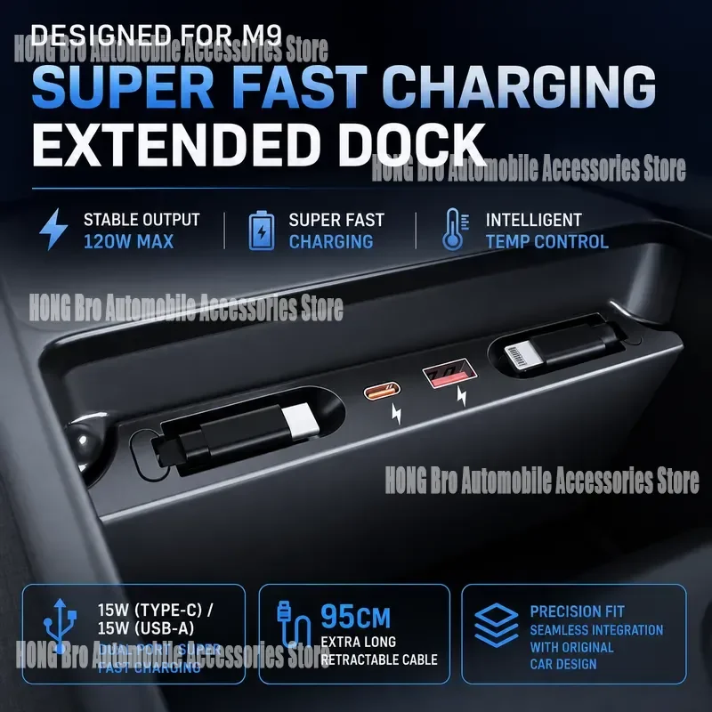 For AITO M9 2024 2025 Car Charger Fast Charging Cable Apple Lightning Type C USB Multi Port Docking Station Adapter