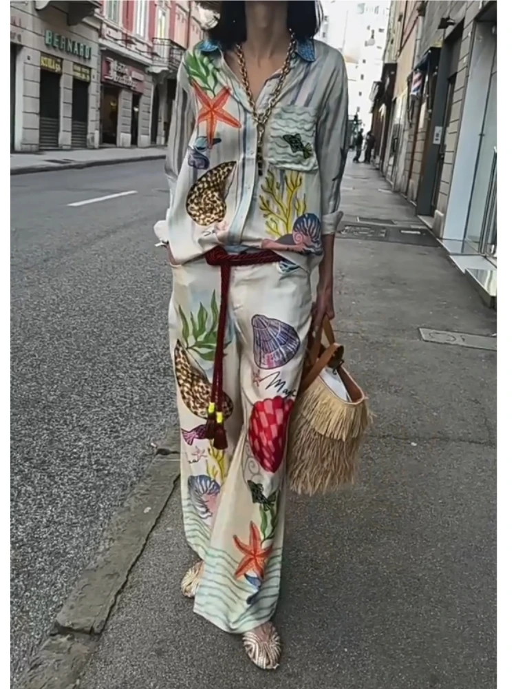 Bohemia Satin Print Luźne dwuczęściowe zestawy damskie Przypadkowe koszule z długim rękawem + długie spodnie z szerokimi nogawkami Kobiece letnie stroje plażowe