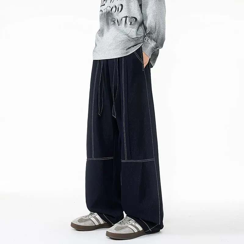 

Мужские весенне-осенние универсальные утягивающие повседневные брюки с переплетом на щиколотке, рабочая одежда, прямые свободные джинсовые брюки больших размеров